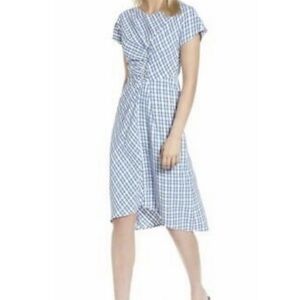 LEWIT Ruched Check Blue Sodalite Kasie Midi Dress Size 4 Short Sleeve Work Party